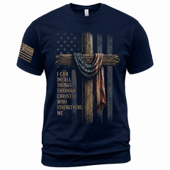 Patriotic Christian Cross T-Shirt American Flag Faith Scripture Graphic Tee