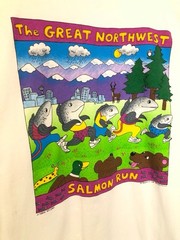 Vtg Fabric Art White Single Stitch Salmon Run XL Long Sleeve Rebecca Lee Baldwin