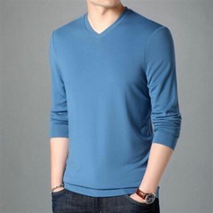 Men T-Shirt Long-Sleeved V-Neck Pure Color Casual Tee Shirt Pullover Tops