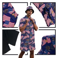 Men’s American Flag Hawaiian Shirt and Short Set 2 Piece Patriotic USA Outfit…