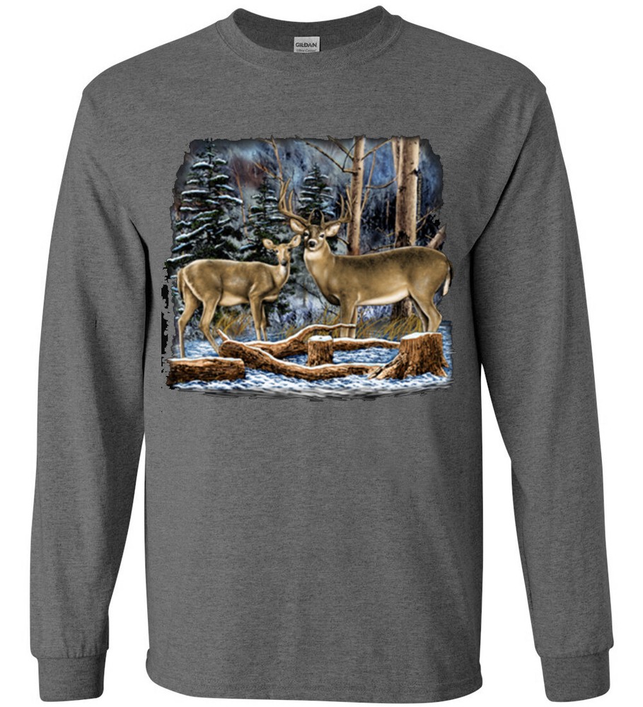 White-Tailed Deer Winter Scene Wildlife T-shirt Mens Long Sleeve Tee
