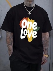 One Love Letter Print Men’s Short Sleeve T-Shirts, Comfy Casual Elastic Crew Nec
