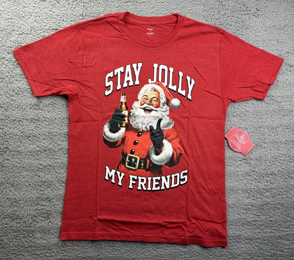 Holiday Time Stay Jolly Clause Shirt Mens Small Red Christmas Santa Graphic Tee