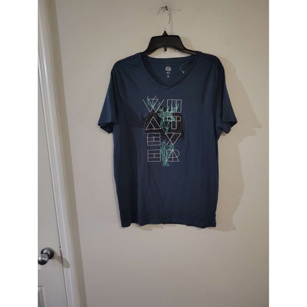 C&A Mens Whatever Graphic V-Neck T-Shirt Blue Teal Short Sleeve Size G Large
