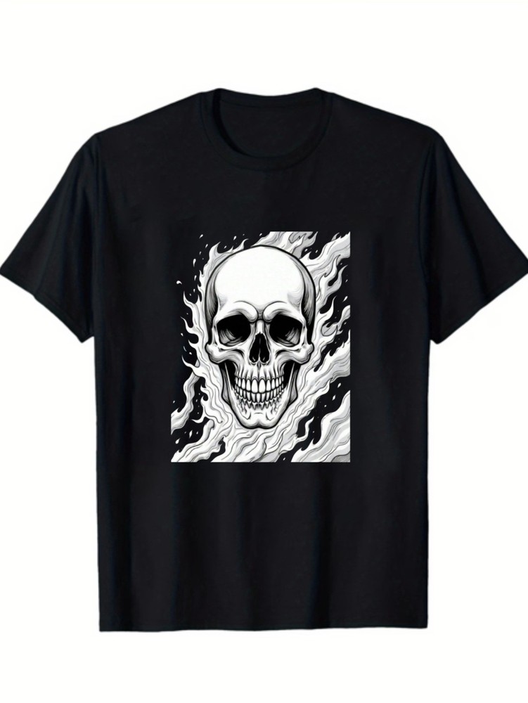 Men’s Gothic White Skull and Flame T-shirt Short Sleeve