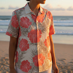 Mens Hawaiian Aloha Shirt Coral Hibiscus Flower Tropical Beach Cruise Party