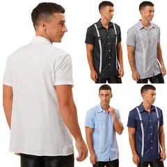 Mens Contrast Color Stripe Shirt Casual Turn-Down Collar Short Sleeve Button Top