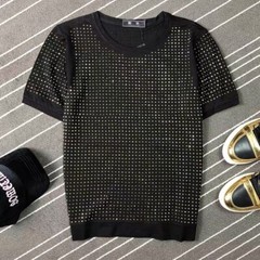 New Men Cotton Hot Drilling Polka Dot Rhinestones Black T-Shirt Short Sleeve