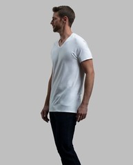 Men’s V-neck T-Shirt, White /Black 6 Pack “100% Cotton & Tagless”