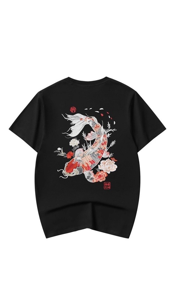 Niepce Men’s Koi Fish Embroidery Tee Japanese Streetwear T-Shirt