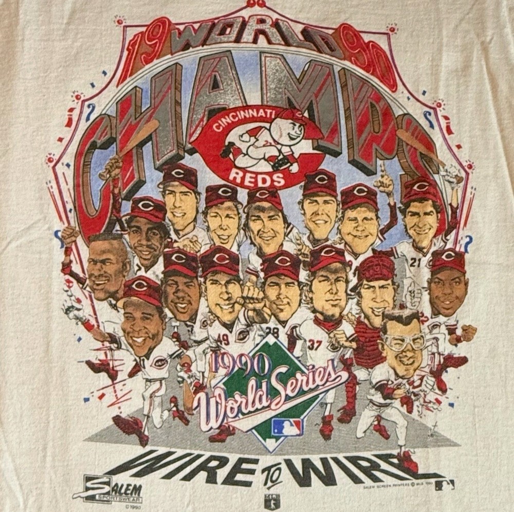 CINCINNATI REDS 1990 World Series Champs Licensed T-Shirt. LARGE Dead Stock VTG