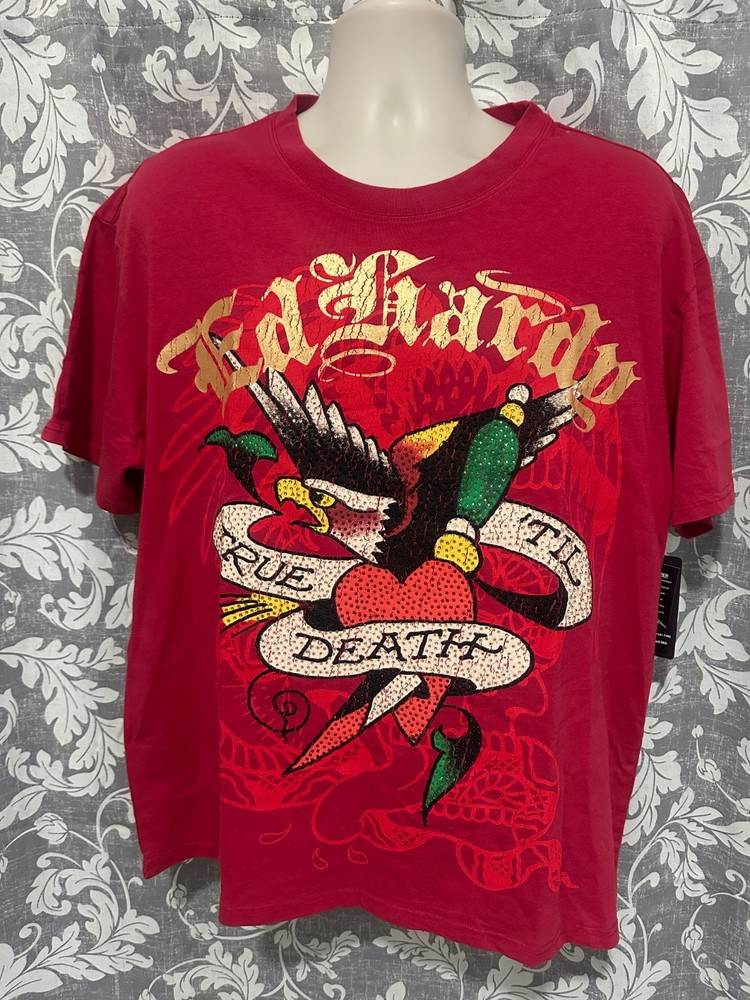 Ed Hardy Men’s Size L Tango Red Eagle Heart Rhinestone T-shirt NWT