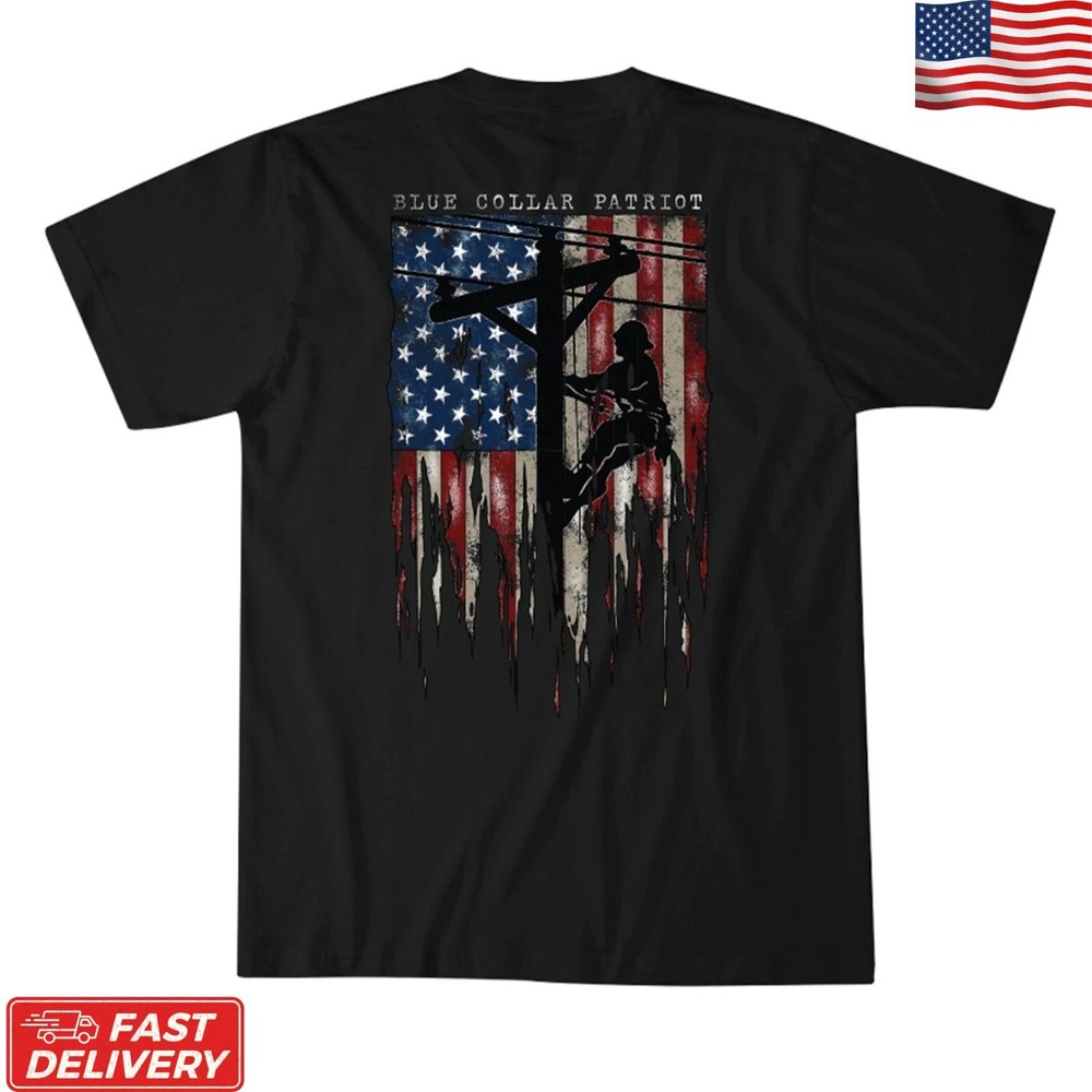 Blue Collar Patriot Lineman T-Shirt American Flag Utility Worker Graphic Tee