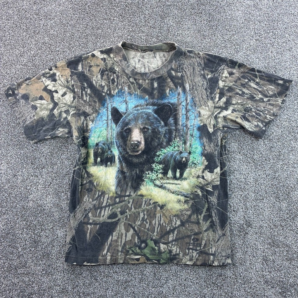 Vintage y2k Camo Black Bear Shirt Mens Small Mossy Oak Break Up Camouflage