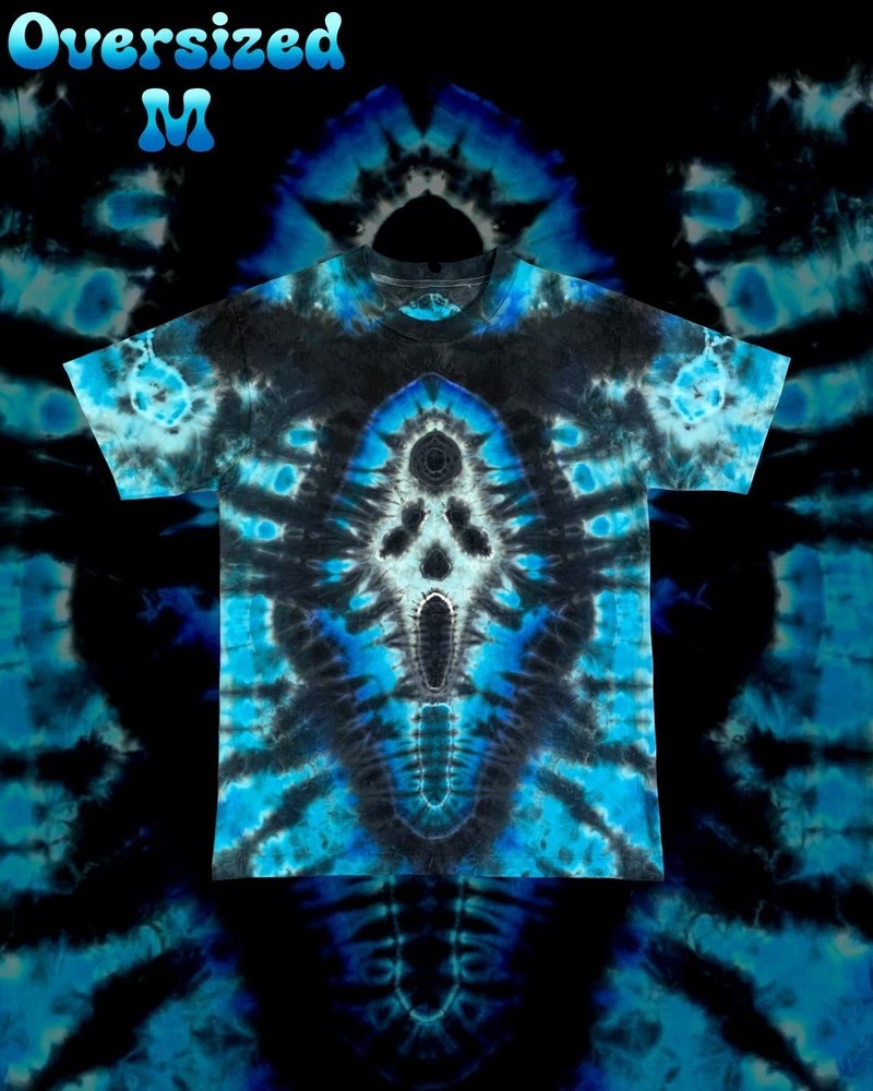 Handmade Tie Dye Skull Egyptian Scarab T-Shirt Blue Black Gothic One of a Kind
