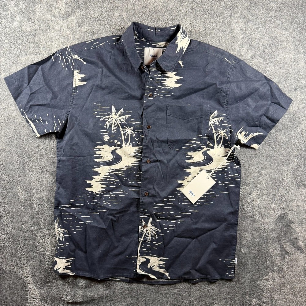 Katin Captain Shirt Mens Small Navy Tropical Print Cotton Linen Hawaiian NEW