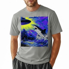 Retro UFO Shark Attack T-Shirt Vintage Sci-Fi Alien Abduction Space Graphic Tee
