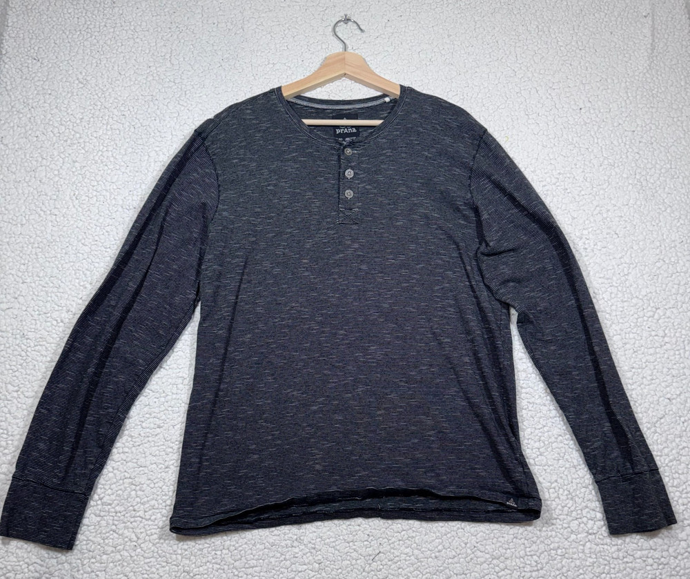 PrAna Mens Henley Organic Cotton Striped Shirt Sz Large Sustainable Gorpcore Top
