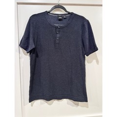 Hugo Boss Slim Fit Henley Shirt Mens Large Navy Blue Cotton Short Sleeve Knit