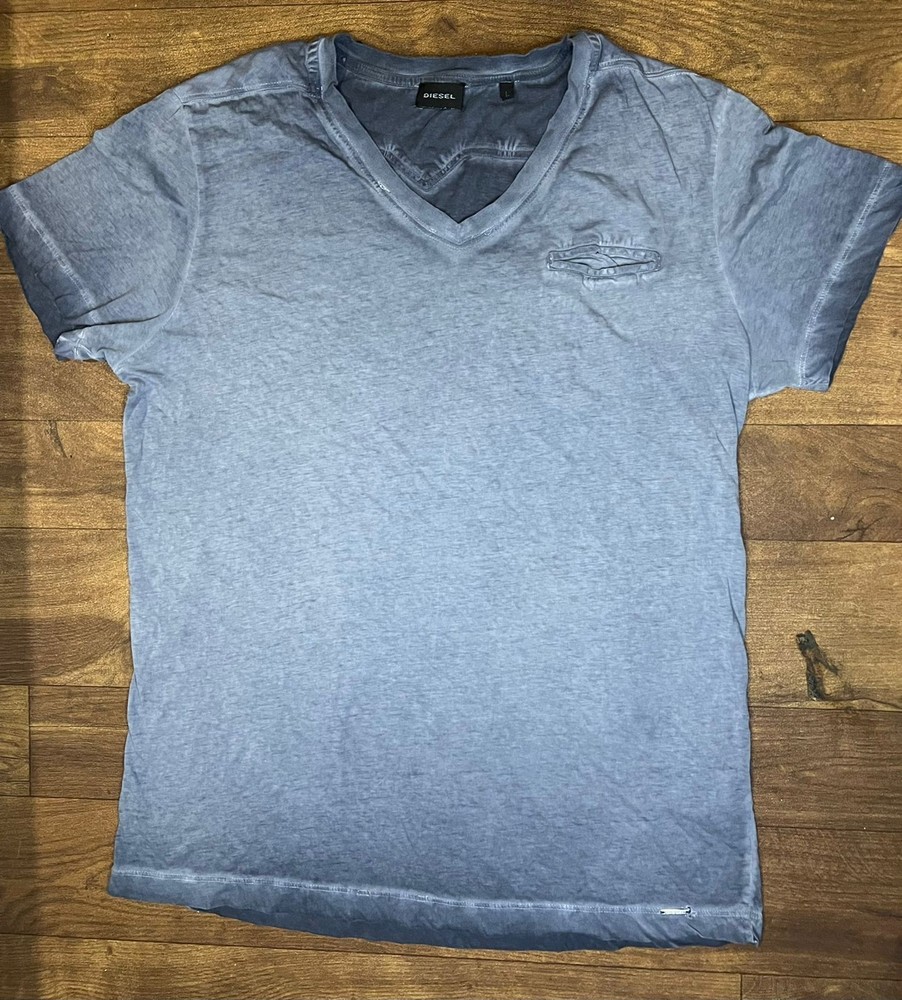 Diesel Grey V-Neck T-Shirt Mens Large Faded Washed Cotton Minimal Designer Casua