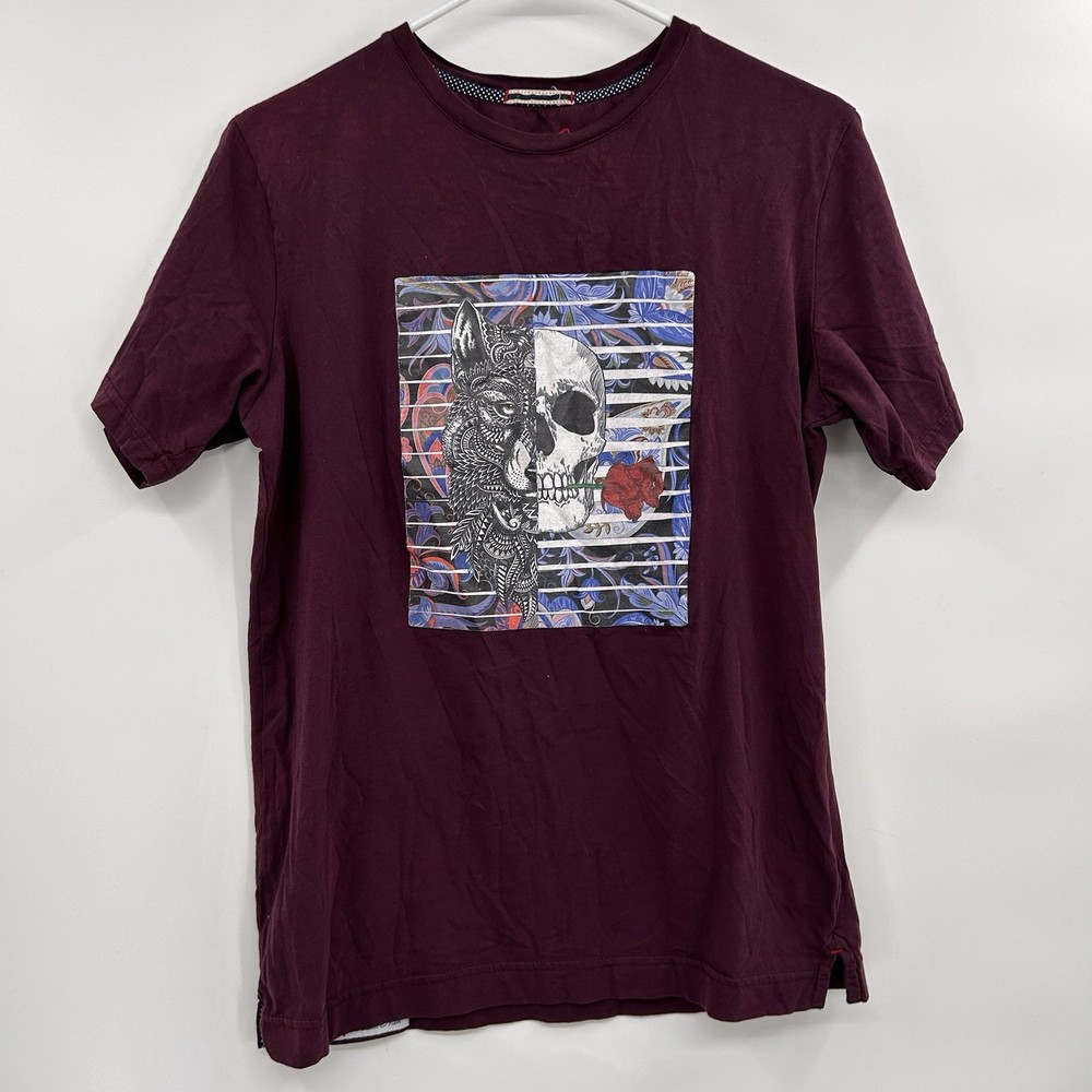 Robert Graham Mens Skull Wolf Rose Short Sleeve Graphic T Shirt Sz S Burgandy