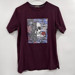 Robert Graham Mens Skull Wolf Rose Short Sleeve Graphic T Shirt Sz S Burgandy