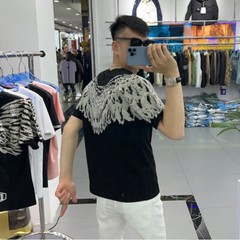 New Hot Drilling Fashion Wing Style Rhinestones Summer Luxury Men Black T-Shirt