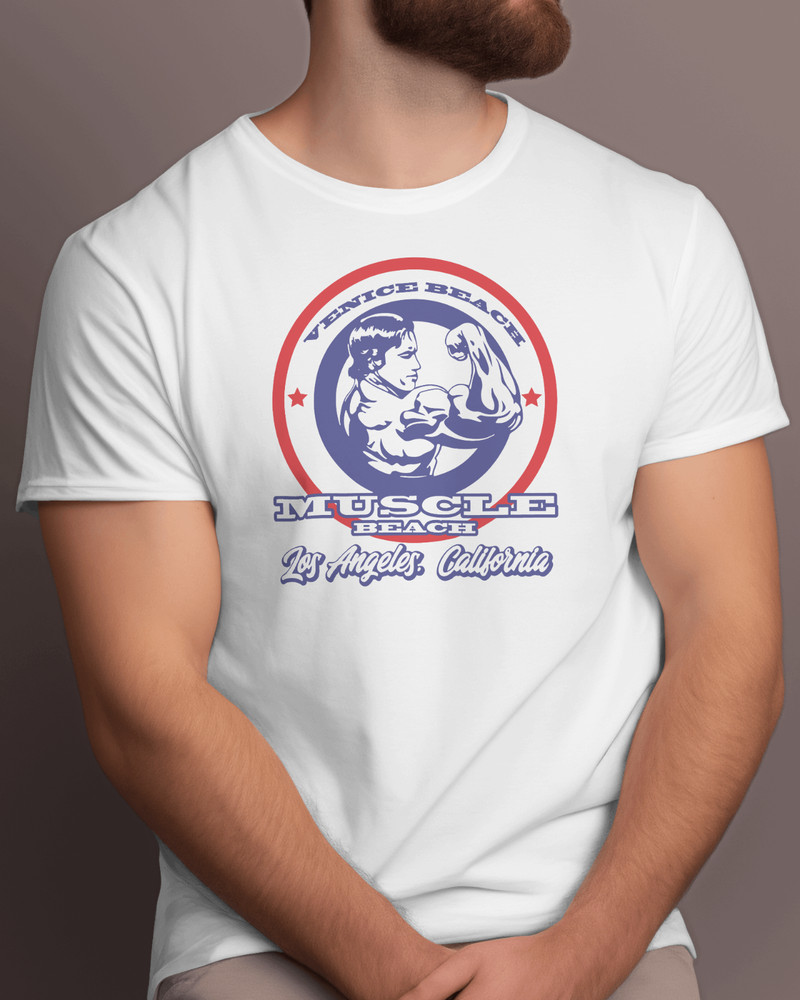 Muscle Beach Venice California Old School Bodybuilding Arnold Logo T-Shirt New