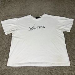 Nautica Shirt Mens Large White Blue Spell Out Logo Short Sleeve Cotton READ
