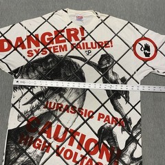 Vintage Jurassic Park Shirt XL Velociraptor AOP Cage Danger 1993 Movie Promo 90s