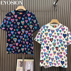 Men Heart Print Short Sleeve T-Shirt Casual Retro Round Neck Summer Cotton Tee