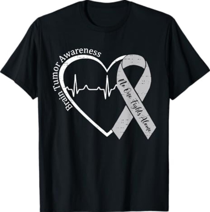 Brain Tumor Awareness Heart Brain Cancer Gray Ribbon Support T-Shirt