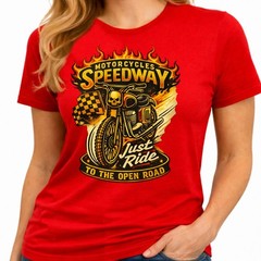 Motorcycle Speedway Just Ride Open Road Flaming Skull Racing Biker T-Shirt.