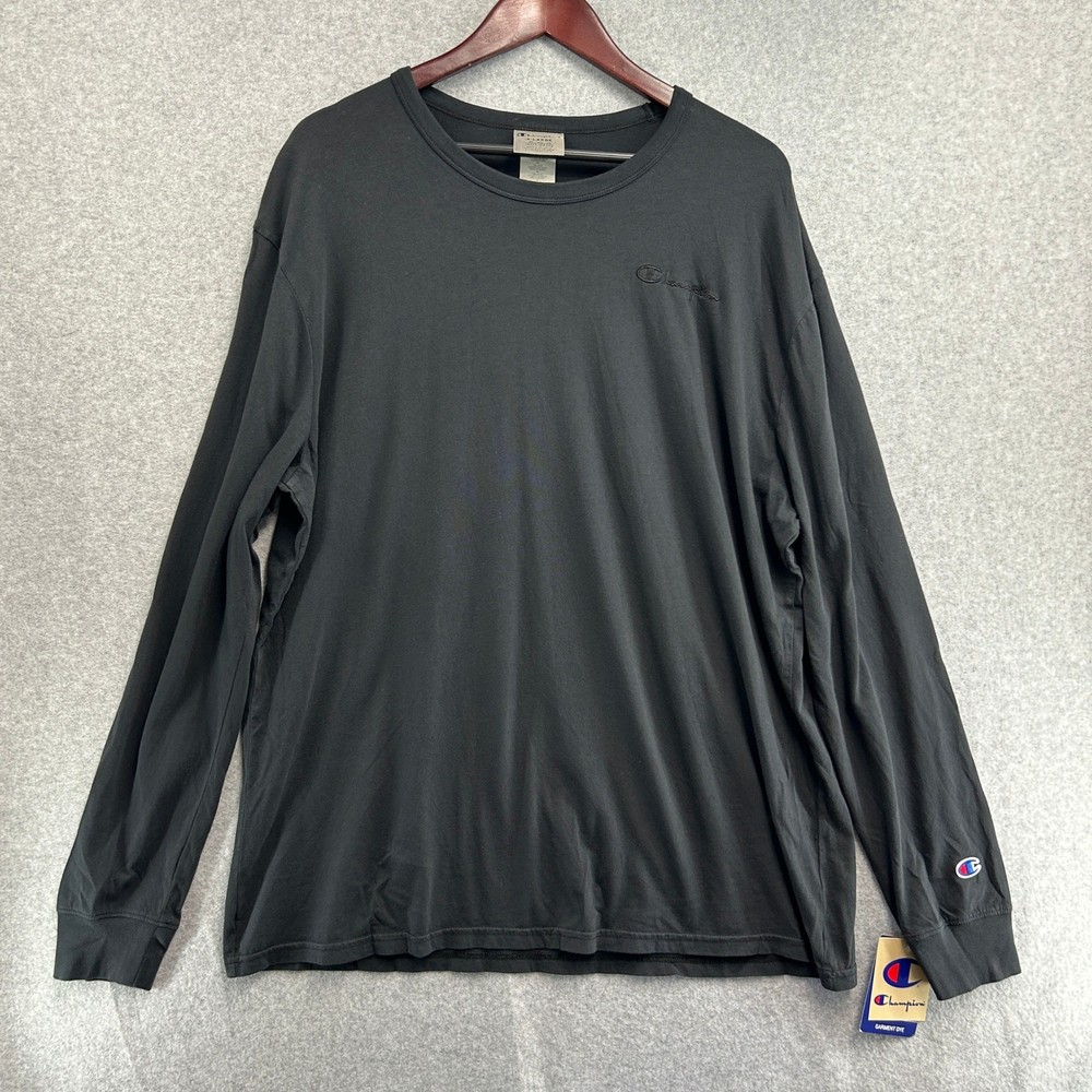 Champion Long Sleeve T-Shirt Black Garment Dye Embroidered Logo Mens Size XL NEW