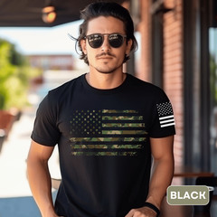 Camo American Flag T-Shirt with American Flag on Left Sleeve
