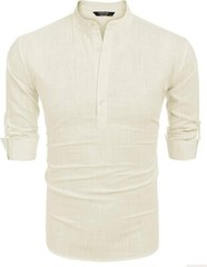 COOFANDY Men’s Cotton Linen Henley T-Shirt Long Sleeve Hippie Casual Beach Beige
