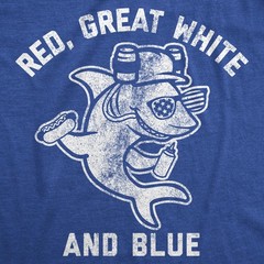Mens Red Great White and Blue T Shirt Funny 4th Of July Shark USA Patriotic