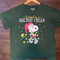 Peanuts Men’s Green Snoopy Woodstock Holiday Graphic T-Shirt Crew Neck XL