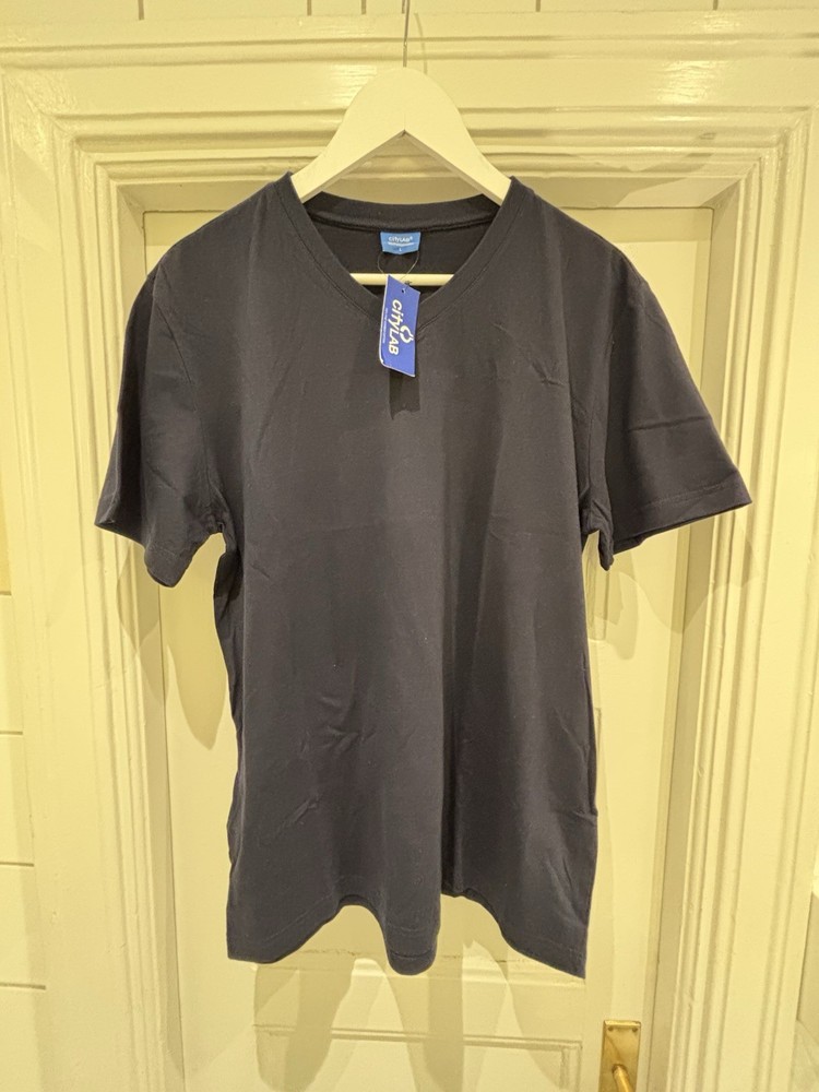 City Lab Shirt Men Large Short Sleeve V-Neck Basic Blue Stretch Slim Fit Adult