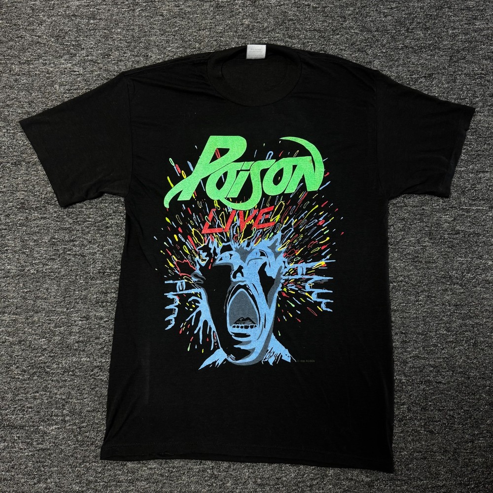 Vintage 80s Poison Live Paper Thin Black GRAIL Band Tour T-Shirt Mens Sz L