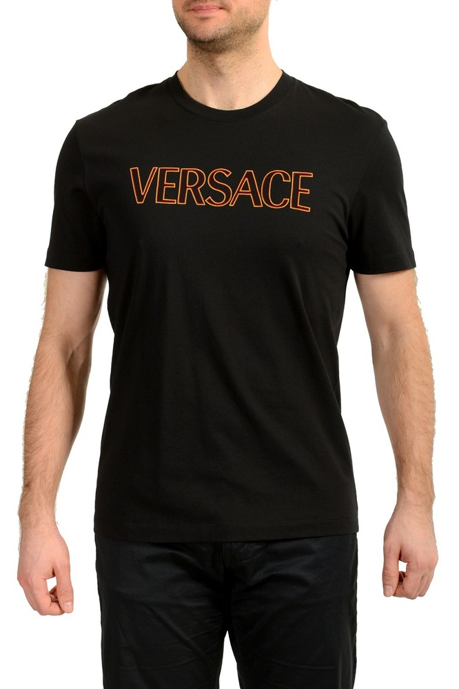 Versace Men’s Black Logo Embroidered Crewneck Short Sleeve T-Shirt US 2XL IT 56