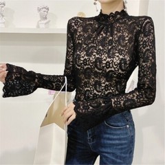 Women Long Sleeves Blouse Turtleneck T-shirt Stretch Lace Bottoming Tops