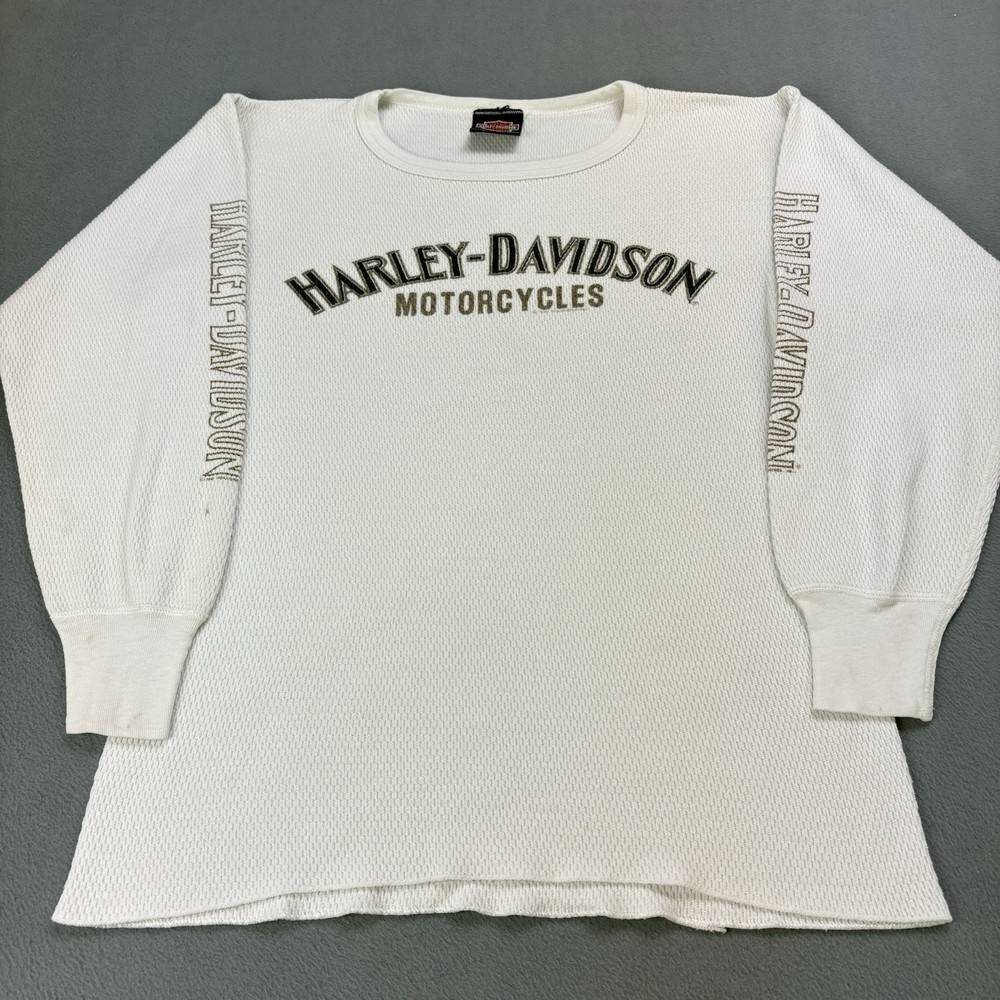 Vintage 90s Harley Davidson Thermal Long Sleeve Shirt XL White (Fits Smaller)