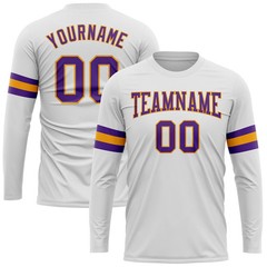 Custom White Purple Gold Long Sleeve T-Shirt Mens Sport Team Gift Graphic Tee