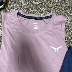 Mens L Neleus Dry Fit Muscle Stringer Tank Top Gym Navy & Mauve Project Titan M