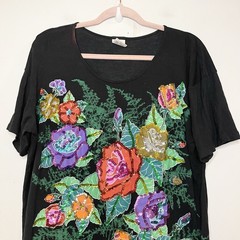 90s 80 Vintage Floral Graphic T Shirt Single Stitch Sequin Hand Made In Bali M