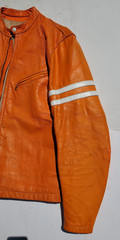 Vtg Bates Leather Motorcycle Racing Jacket Harley Orange w Stripes 1960’s L Cafe