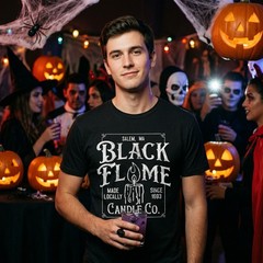Mens Black Flame Candle Co T Shirt Funny Spooky Halloween Candles Company Tee