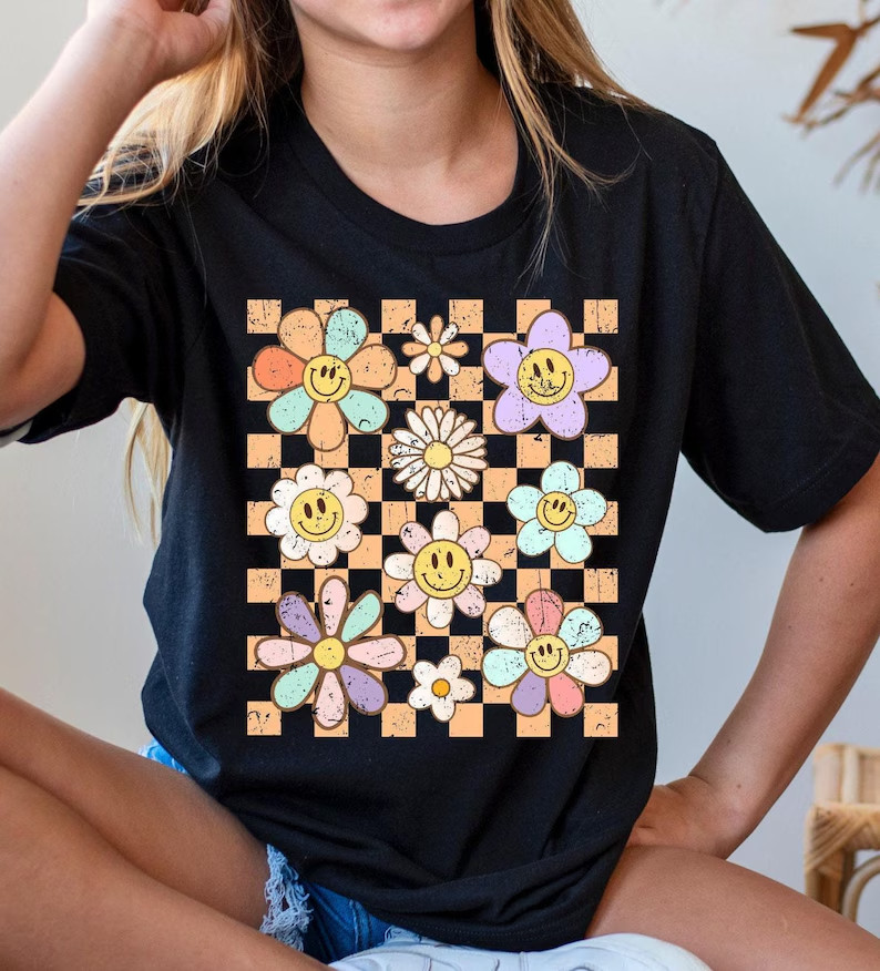 Retro Smile Face Flower Shirt , Colorful Graphic Tee