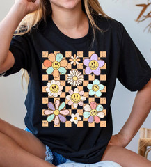 Retro Smile Face Flower Shirt , Colorful Graphic Tee